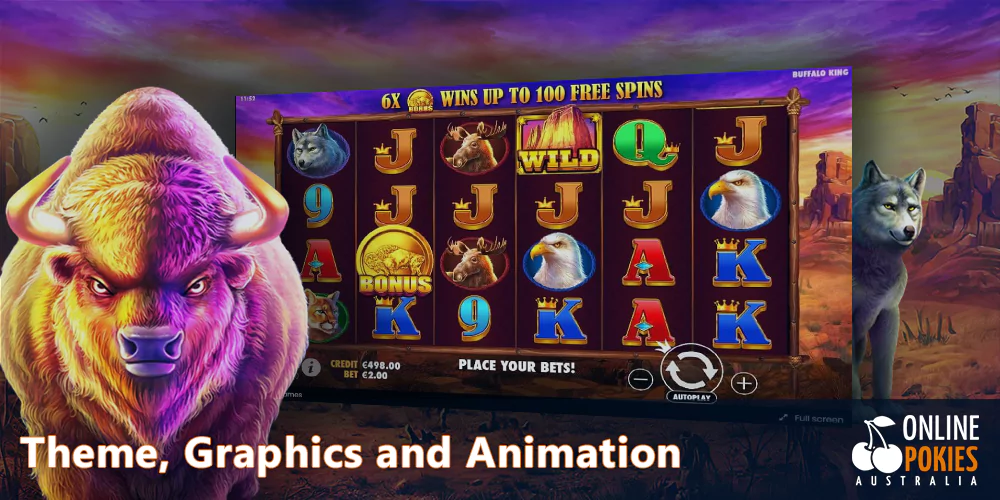 Wild West theme in the Buffalo King Pokie, quality graphics and animation