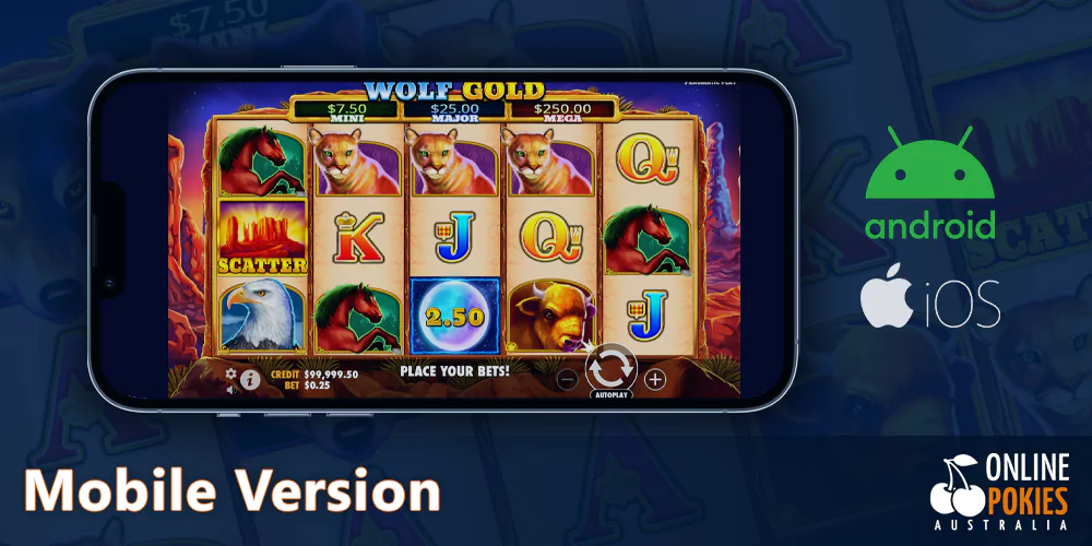 Play Wolf Gold pokie on mobile devices