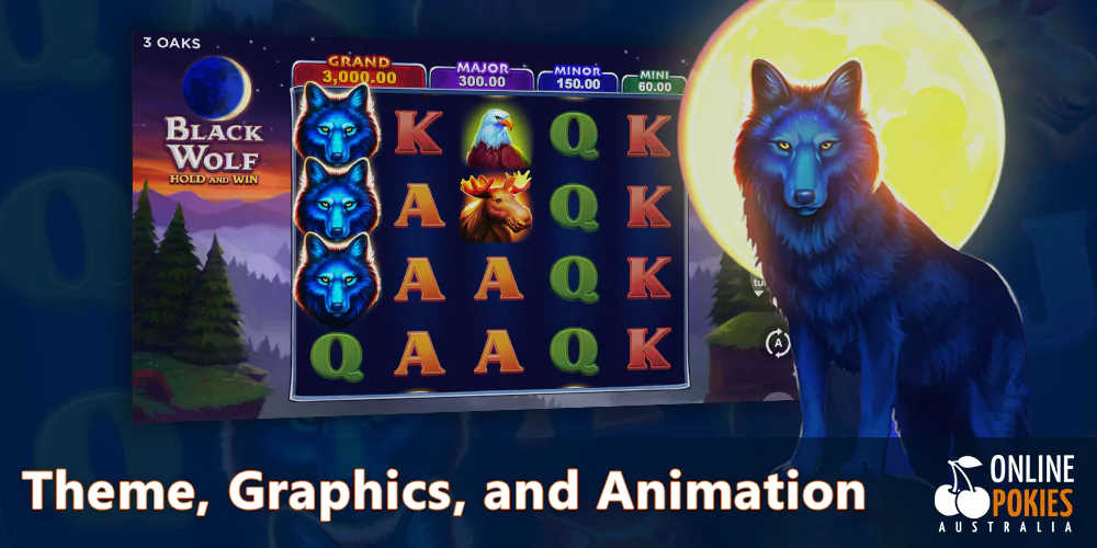 Animals and night theme, beautiful graphics in the Black Wolf pokie